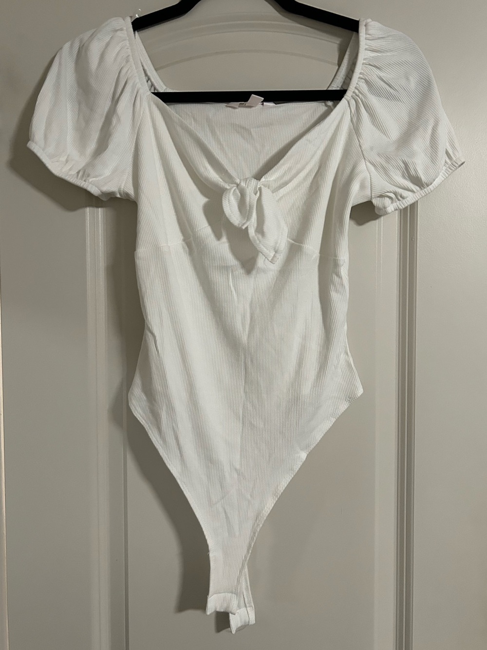 LC Lauren Conrad White Ribbed Puff-Sleeve Tie-Front Bodysuit